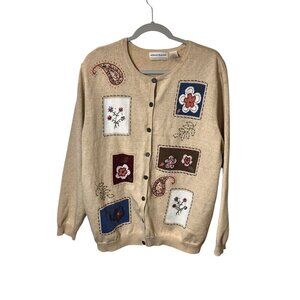 Alfred Dunner Womens Plus Size 2X Beige Cardigan With Floral & Paisley Embroider